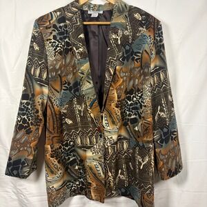 Kensington Square Vintage Animal Tribal Print Blazer Jacket Brown Blue XL USA